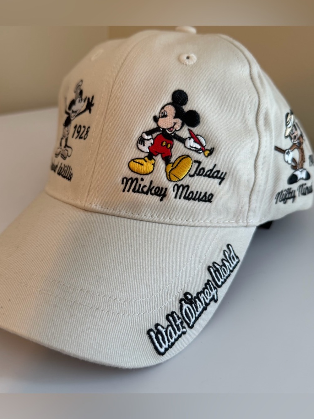 Walt Disney World Parks Mickey Mouse History Beige Colorful Embroidered Cap Hat